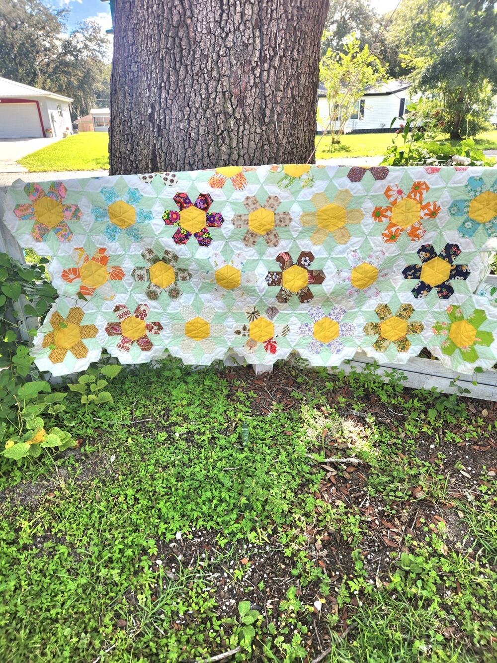 Vintage Handmade Grandmother's Flower Garden Quilt 81x46 Hexagon Patchwork